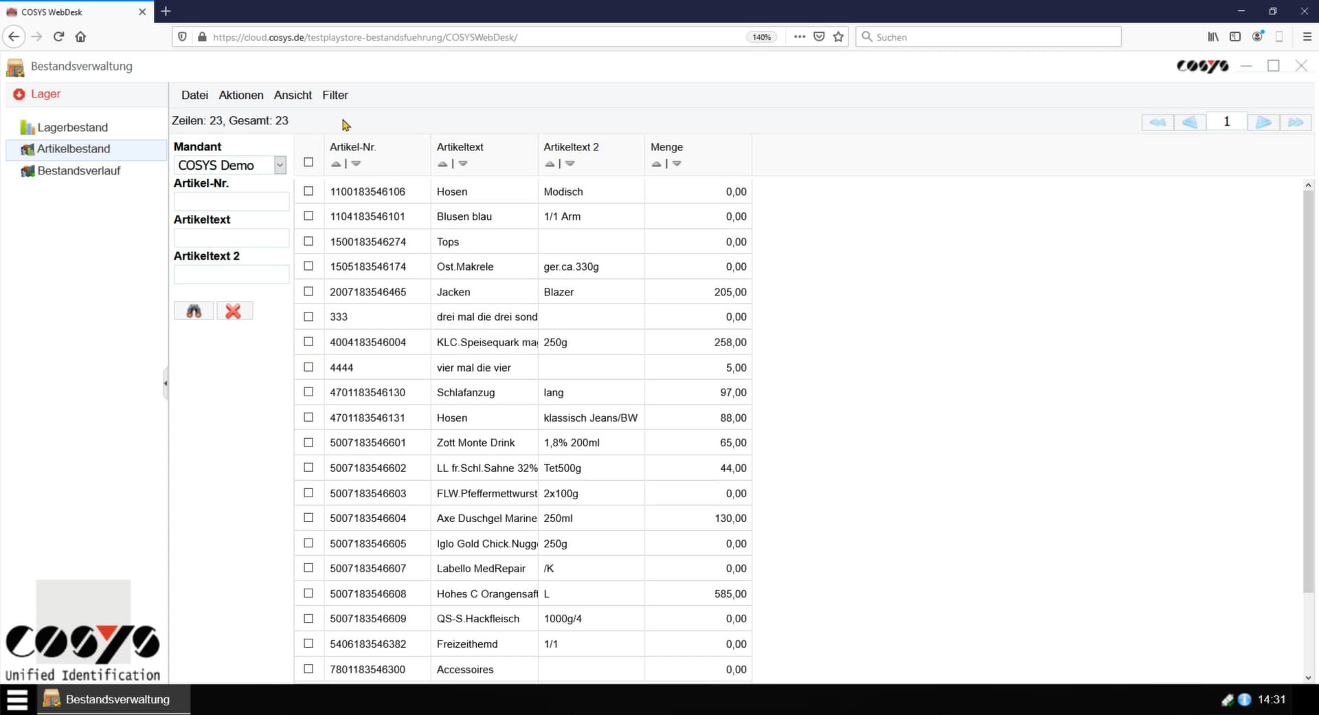 COSYS WebDesk Artikelbestand
