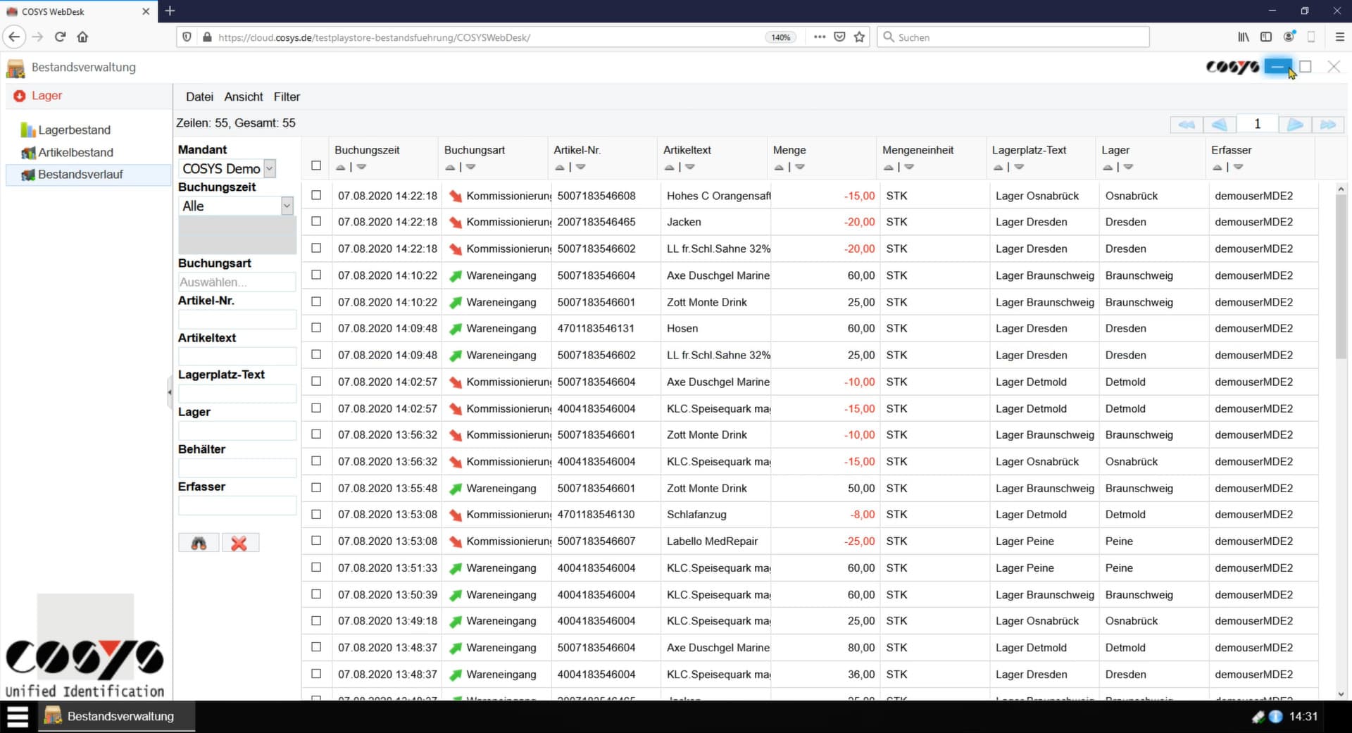 COSYS WebDesk Bestandsverlauf