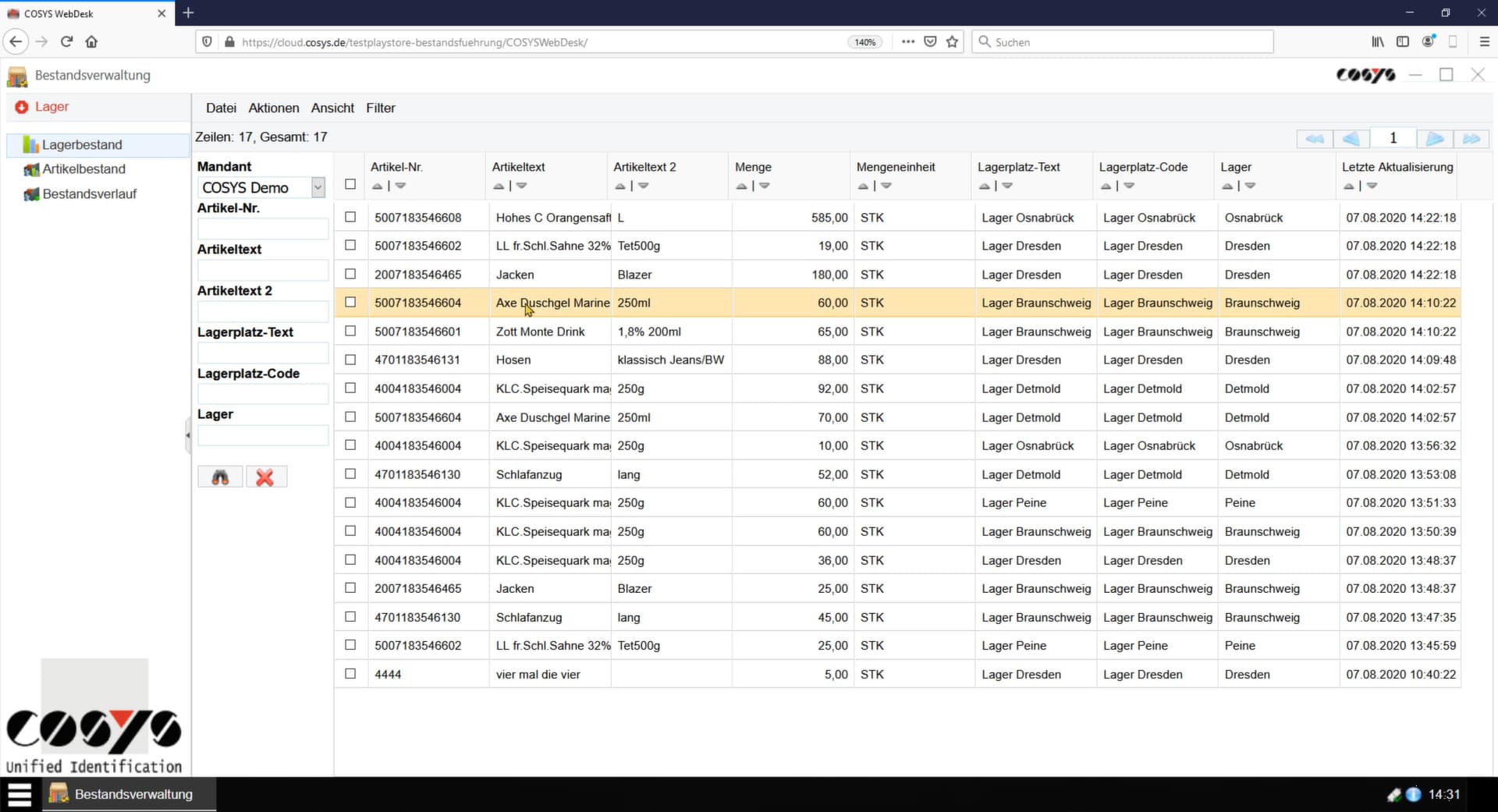 COSYS WebDesk Lagerbestand