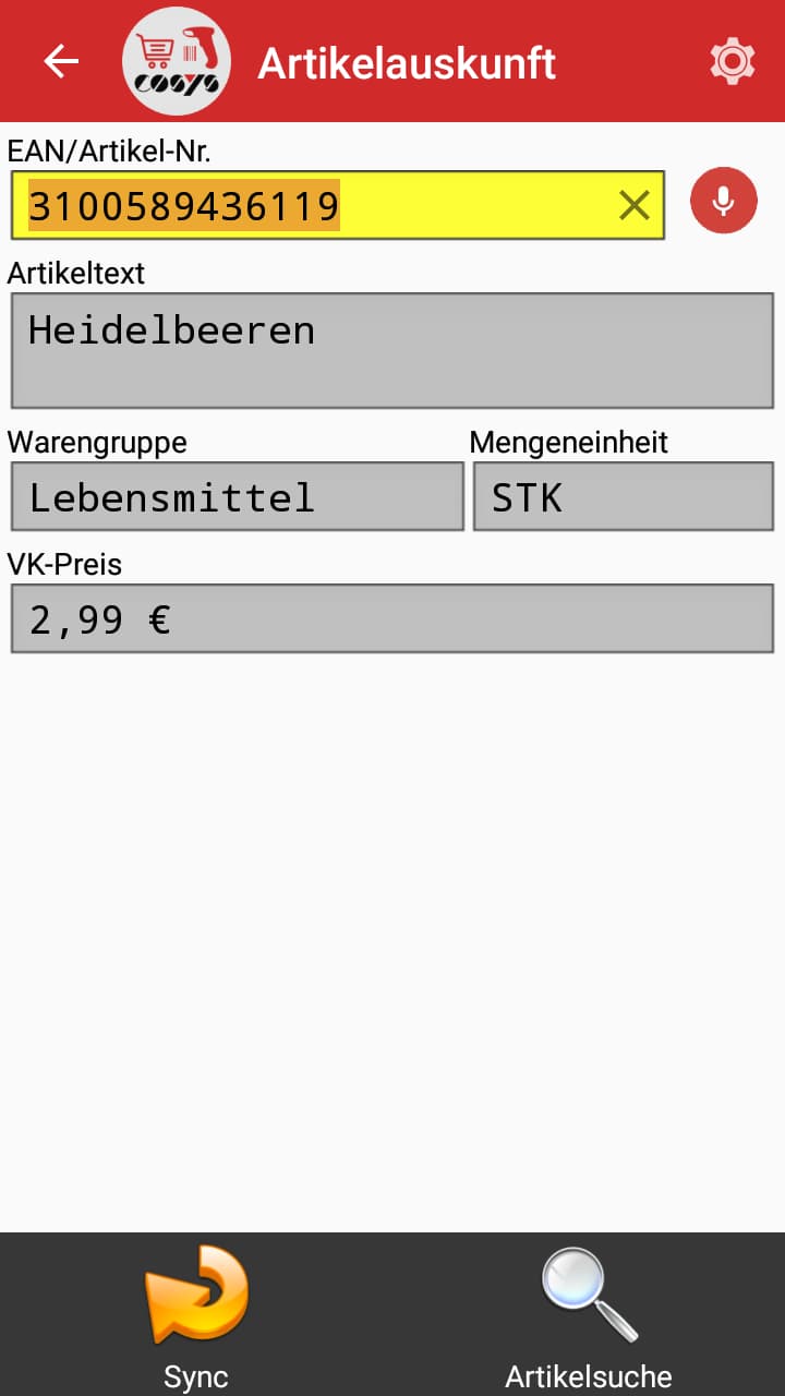 COSYS POS Food App Artikelauskunft COSYS POS Food App Artikelauskunft