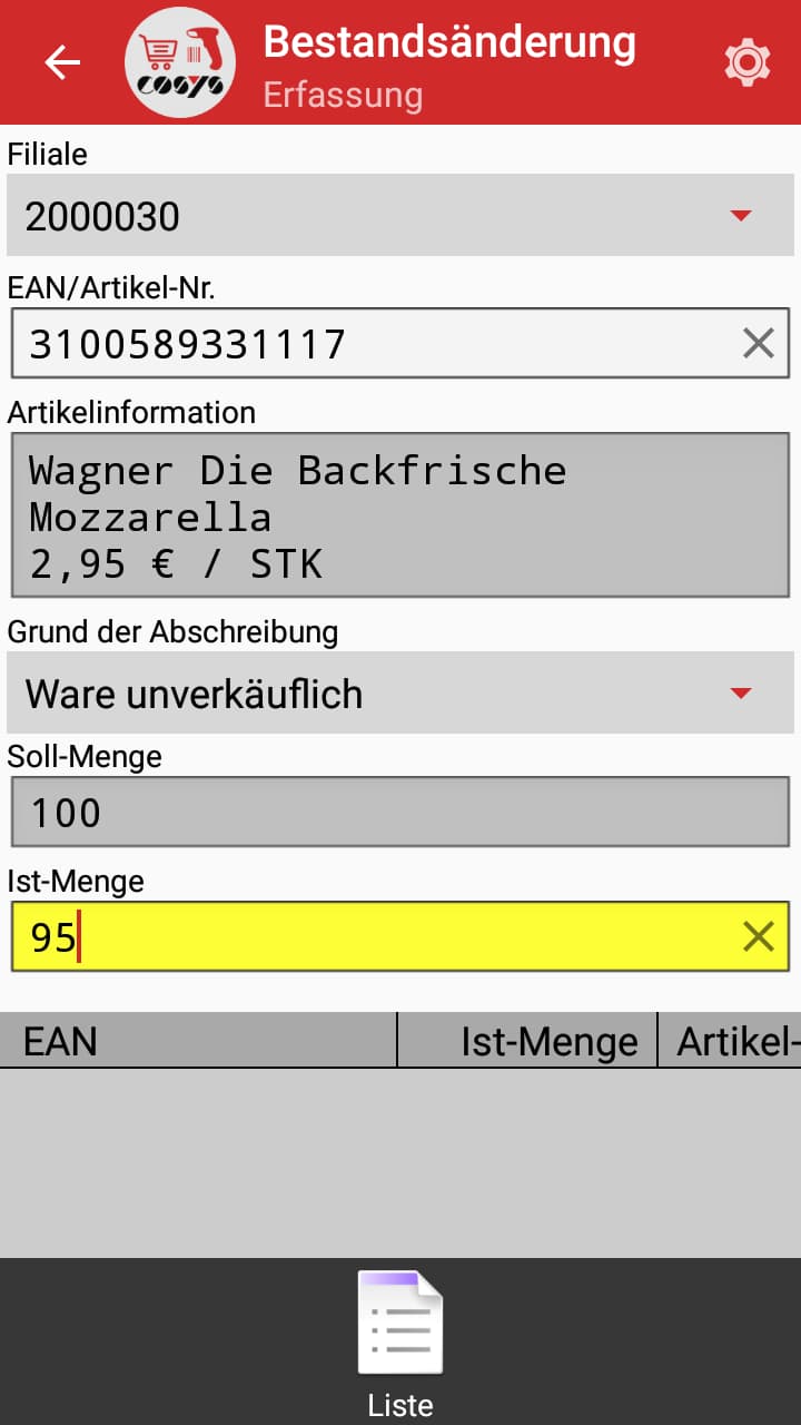 COSYS POS Food App Bestandsänderung COSYS POS Food App Bestandsänderung