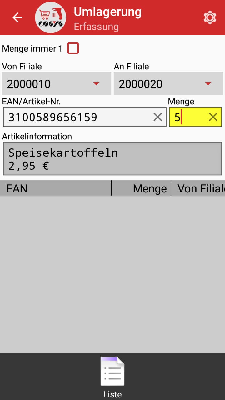 COSYS POS Food App Umlagerung COSYS POS Food App Umlagerung